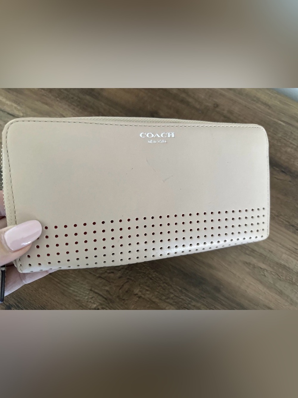 Coach Perforated Leather Accordion Zip Around Wallet Cream